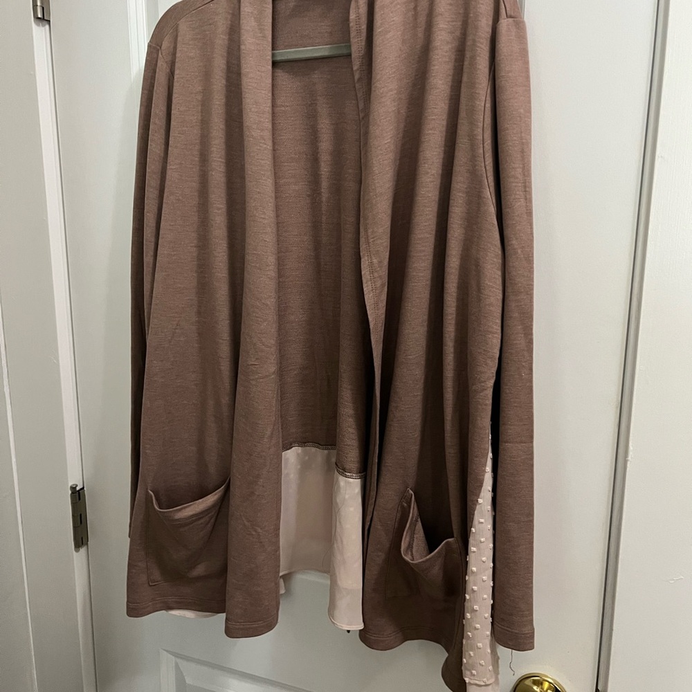 LOGO by Lori Goldstein Brown Cardigan with Cream Accents